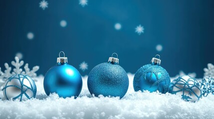 Wall Mural - blue christmas background with snowflakes and christmas balls. copy space backgrounds