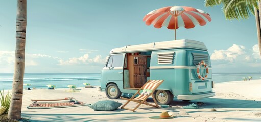 Wall Mural - Vintage Campervan on the Beach