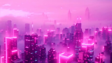 Poster - A digital rendering of a futuristic city with neon pink lights against a hazy sky, A futuristic cityscape with neon pink lights against a pastel background