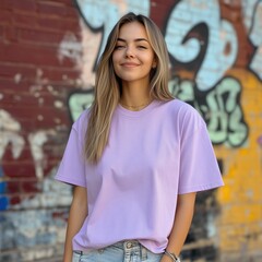 Blank lavender tshirt mockup with long hair youth female model standing near graffiti wall. Teenage girl in oversized short sleeve tshirt mock up. Young skater, urban streets lifestyle. Women's cloth