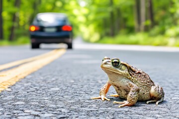 Curious frog on the road with approaching car in the background