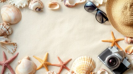 A serene top view of beach essentials, including a sunhat, camera, and seashells on sand. This image represents the ultimate relaxation and escape to a sunny beach paradise