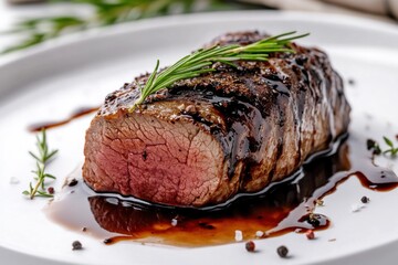 Canvas Print - Grilled Steak with Rosemary and Sauce