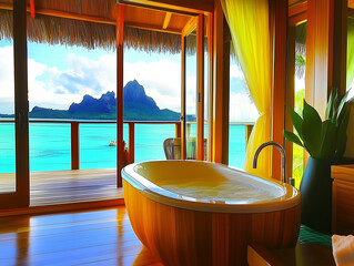 Wall Mural - Luxury polynesian style bath room. Emerald color ocean view outside the window. Spacious bath tub.