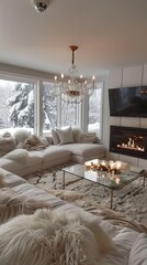 Wall Mural - A living room with a fireplace and a chandelier