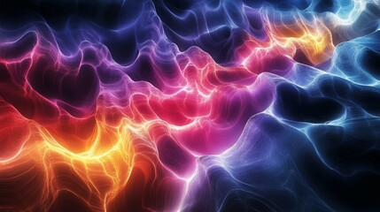 Wall Mural - An artistic representation of electric waves intertwining, creating a mesmerizing pattern of light and color on a dark, smooth surface.