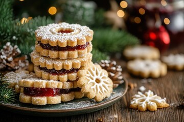 Wall Mural - Festive homemade linzer cookies with raspberry jam