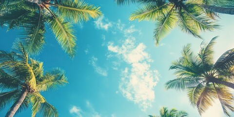 looking up at blue sky and palm trees, view from below, vintage style, tropical beach and summer bac
