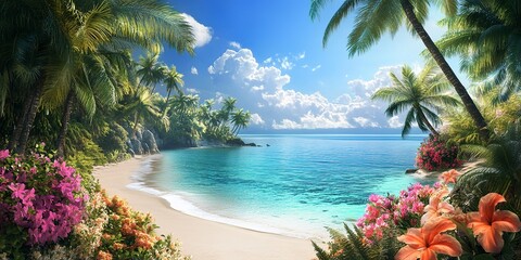 An exotic island paradise with clear blue water, sandy white beaches, swaying palm trees, vibrant tropical flowers, and a clear blue sky, fantasy style 