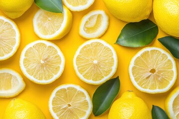 Wall Mural - Fresh lemons lemon slices on vibrant yellow background