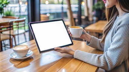 Sticker -  mockup image of a woman holding digital tablet