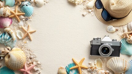 Flat lay of beach vacation essentials, including a sunhat, camera, and seashells, arranged on sandy beach. A visual depiction of a laid-back and sunny seaside escape