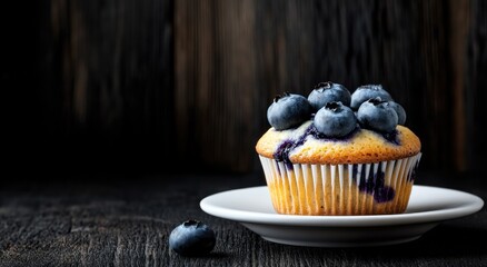 Poster - Blueberry Muffin on Wooden Background