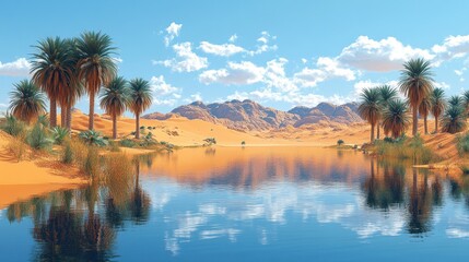 Wall Mural - Serene desert landscape featuring a tranquil oasis and palm trees.