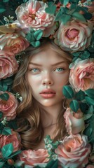 Wall Mural - A woman is surrounded by pink flowers in a photo