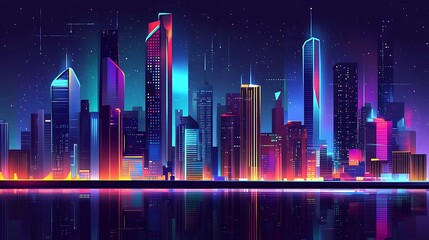 Wall Mural - A vibrant cityscape at night with a large, dark sky for text