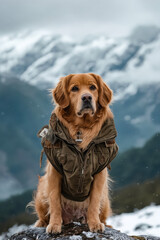 Canvas Print - A dog wearing a jacket sitting on top of a rock in the snow