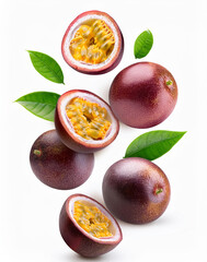 Wall Mural - High quality resolution passion fruits isolated. Fresh and delicious Passion fruits isolated on white background - Refreshing passion fruits Slices Falling to down, dropping. 