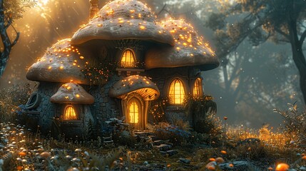 Wall Mural - Enchanted Mushroom House in a Magical Forest