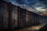 A brick wall with barbed wire on top. There are dark clouds in the sky, the sun is setting.