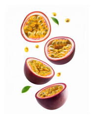 Wall Mural - High quality resolution passion fruits isolated. Fresh and delicious Passion fruits isolated on white background - Refreshing passion fruits Slices Falling to down, dropping. 