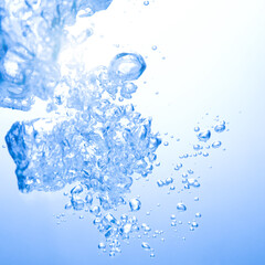 Wall Mural - Air Bubbles Float Up Under Water. Water Splashing. Oxygen Relaxation. Pure Water, Drinking Water. 