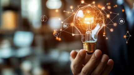 Fototapete - Businessman hand holding creative light bulb with industry network,analysis solution and development marketing network icons planning strategy, Modern business, Innovative of new ideas.