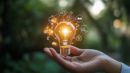 Fototapete - Businessman hand holding creative light bulb with industry network,analysis solution and development marketing network icons planning strategy, Modern business, Innovative of new ideas.
