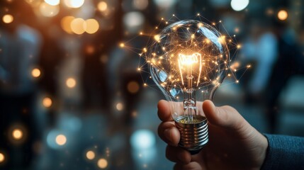 Fototapete - Businessman hand holding creative light bulb with industry network,analysis solution and development marketing network icons planning strategy, Modern business, Innovative of new ideas.