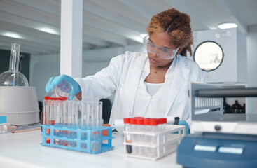 Aufkleber - Scientist, test tube and science in lab for analysis, biotechnology and cancer research development. Black woman, healthcare and chemistry study for stem cell, genes editing and microbiome experiment