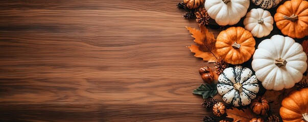 Poster - Autumn Pumpkins and Fall Leaves on Wooden Background.