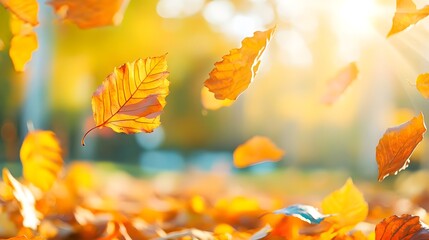 Wall Mural - Golden Autumn Leaves Falling in Sunlight