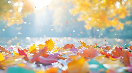 Wall Mural - Golden Autumn Leaves Falling, Soft Focus Background