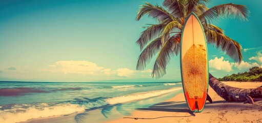 Sticker - Surfboard on a Tropical Beach