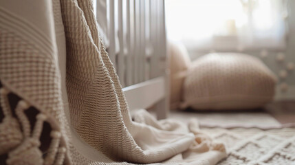 Wall Mural - Close-up of a crib with a soft blanket draped over the side, focusing on the fabric and how it folds.