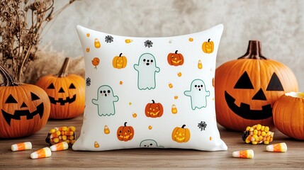 Wall Mural - Halloween Pillow with Pumpkins and Ghosts.