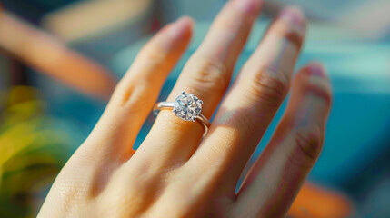 Close-up of a hand wearing an engagement diamond ring,