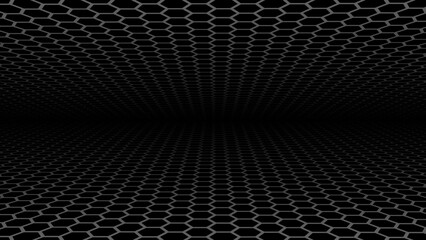Fototapete - Black hexagons background, dynamic dark gray 3D perspective hexagonal pattern background with copy space.