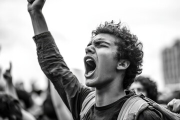 A black-and-white image of raw emotion of a young protester shouting with passion during a demonstration