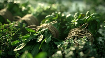 A close-up of fresh green leaves tied with twine, surrounded by lush foliage in an organic garden setting.