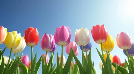 Colorful blooming tulip field under a clear blue sky, vibrant colors create a lively atmosphere, perfect for springtime themes