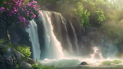 Canvas Print - A gentle breeze blows mist from a waterfall, creating a serene and picturesque scene, A gentle breeze blowing mist from a picturesque waterfall