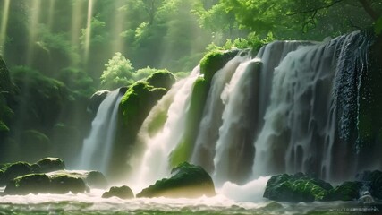 Poster - Sunlight streams through the trees, creating a misty waterfall, A gentle breeze blowing mist from a picturesque waterfall