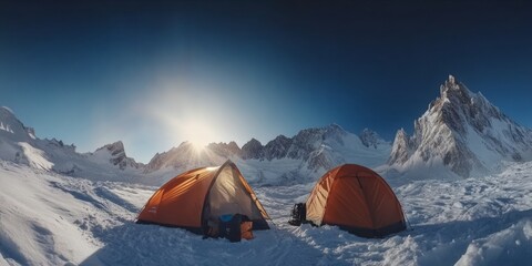 Camping in the wild, snowy mountains, adventure.