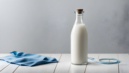 A bottle of fresh milk in front of the white wall, showcasing products, fresh produce, and health products