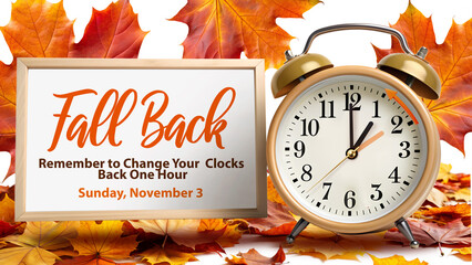 Wall Mural - Fall Back, Daylight Saving Time Ends, info banner with clock instruction to turning clock back one hour at November 3, 2024 with text reminder on border - Set your clocks back one hour.