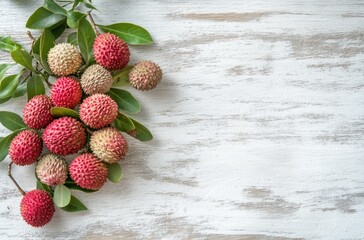 Poster - Fresh Lychees on a White Wooden Surface