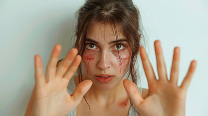 Wall Mural - Scared woman with hands up and scarred face, abuse concept