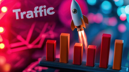 Rocket over colorful SEO charts, empty office, website ranking and analytics success concept