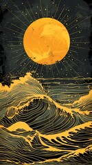 Wall Mural - waves at the beach and sunrise illustration poster background